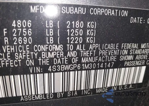 2021 Subaru Legacy Touring Xt из США, поврежденный, VIN 4S3BWGP61M3014147